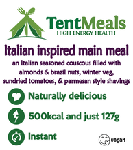 TentMeals Italian inspired main meal. An Italian seasoned couscous filled with almonds and brazil nuts, winter veg, sundried tomatoes, and parmesan style shavings. Naturally delicious, 500kcal and just 127g. Instant. Vegan. 