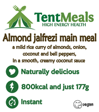 TentMeals Almond jalfrezi main meal. A mild rice curry of almonds, onion, coconut and bell peppers, in a smooth, creamy coconut sauce. Naturally delicious, 800kcal and just 177g. Instant. Vegan.