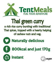 TentMeals Thai green curry. A rich rice curry bursting with traditional Thai spices, topped with a hearty helping of cashew nuts and veg. Naturally delicious, 800kcal and just 170g. Instant. Vegan.