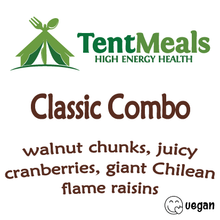 TentMeals Classico Combo trail snack: walnut chunks, juicy cranberries, giant Chilean flame raisins. Vegan snack. 