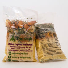 Two packs of TentMeals Italian inspired 500kcal main meal, showing the front and back labels.