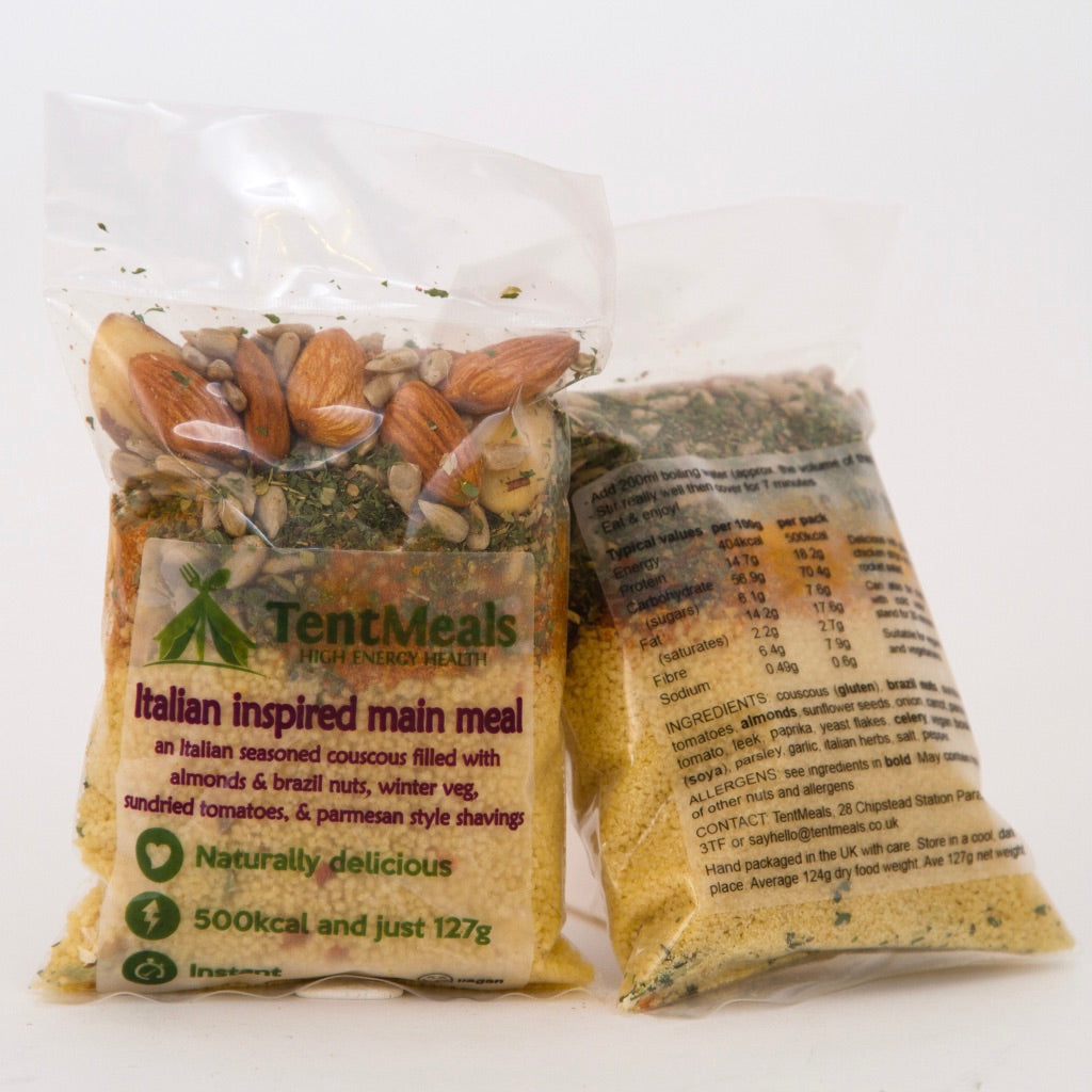 Two packs of TentMeals Italian inspired 500kcal main meal, showing the front and back labels.