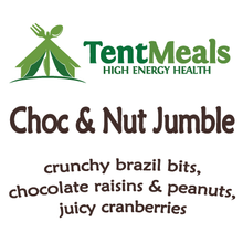 TentMeals choc and nut jumble trail snack: crunchy brazil bits, chocolate raisins and peanuts, juicy cranberries