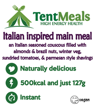 TentMeals Italian inspired main meal. An Italian seasoned couscous filled with almonds and brazil nuts, winter veg, sundried tomatoes, and parmesan style shavings. Naturally delicious, 500kcal and just 127g. Instant. Vegan.