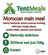 TentMeals Moroccan main meal. Heart Moroccan spice couscous bursting with juicy mango pieces, jumbo raisins, apricots and walnuts. Naturally delicious, 500kcal and just 128g. Instant. Vegan.