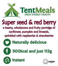 TentMeals Super seed and red berry breakfast. A hearty, wholesome and fruity porridge of sunflower, pumpkin and linseeds, sprinkled with raspberries and strawberries. Naturally delicious, 500kcal and just 113g. Instant. Vegan.