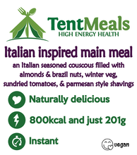 TentMeals Almond jalfrezi main meal. A mild rice curry of almonds, onion, coconut and bell peppers, in a smooth, creamy coconut sauce. Naturally delicious, 800kcal and just 201g. Instant. Vegan.