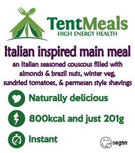 TentMeals Italian inspired main meal. An Italian seasoned couscous filled with almonds and brazil nuts, winter veg, sundried tomatoes, and parmesan style shavings. Naturally delicious, 500kcal and just 127g. Instant. Vegan.