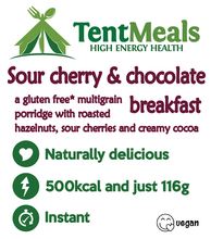 TentMeals Sour cherry and chocolate breakfast. A gluten free* multigrain porridge with roasted hazelnuts, sour cherries and creamy cocoa. Naturally delicious, 500kcal and just 116g. Instant. Vegan.