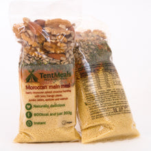 Two packs of TentMeals Moroccan 800kcal main meal, showing the front and back labels.