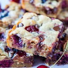 cherry blondies baked with freeze dried sour cherries
