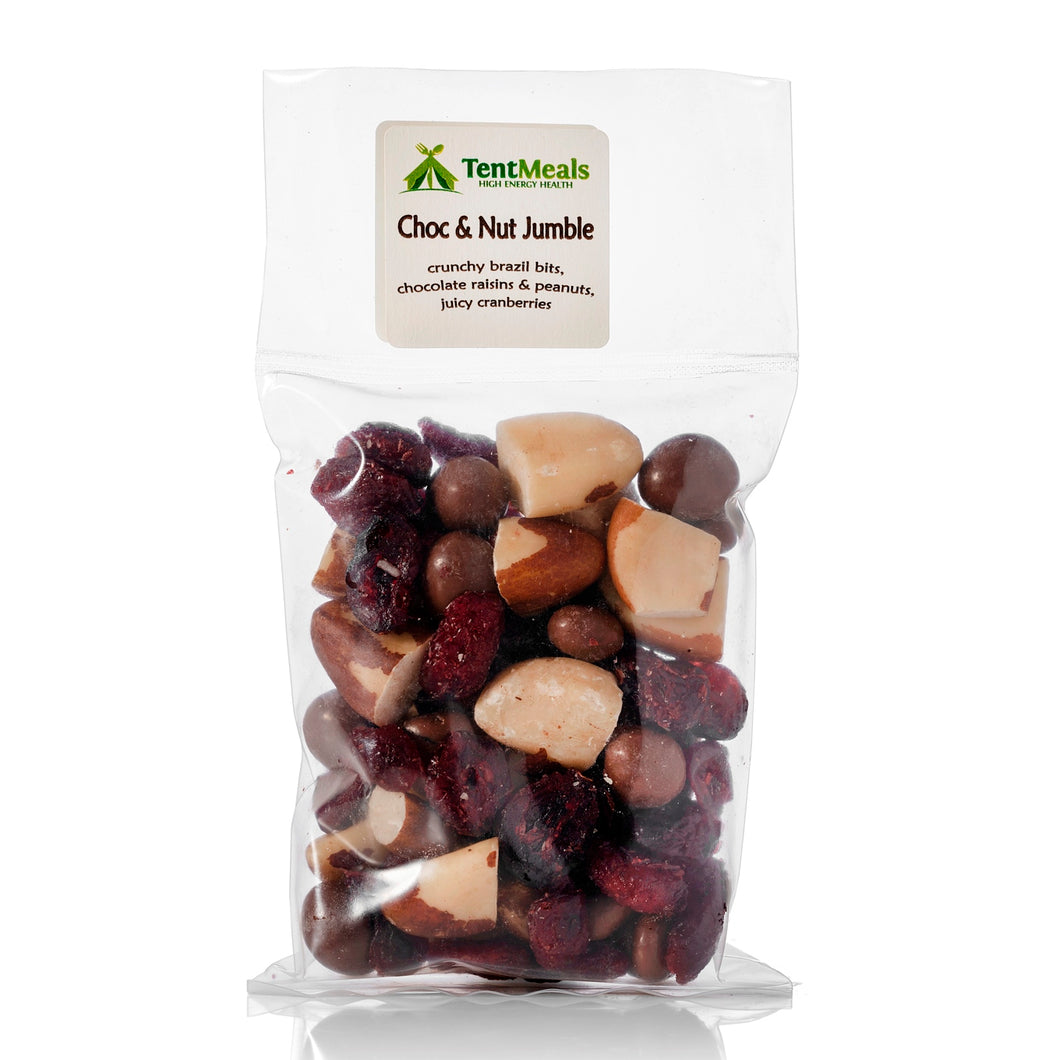 TentMeals choc and nut jumble trail snack: crunchy brazil bits, chocolate raisins and peanuts, juicy cranberries