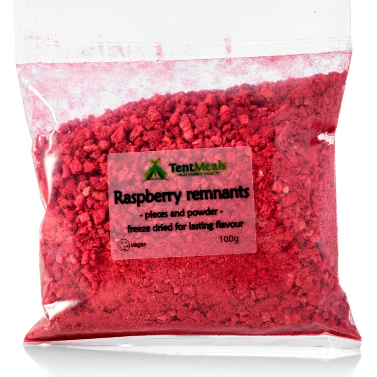 a bag of TentMeals raspberry remnants: raspberry pieces and powder. 