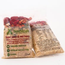 Two packs of TentMeals Super seed and red berry 500kcal breakfast, showing the front and back labels.