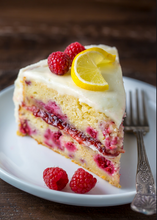  a slice of lemon and raspberry cake on a plate