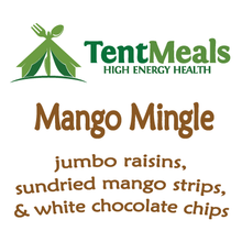 TentMeals Mango Mingle. Jumbo raisins, sundried mango strips, and white chocolate chips