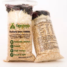 Two packs of TentMeals Blueberry burst 800kcal breakfast, showing the front and back labels.