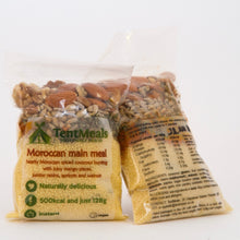 Two packs of TentMeals Moroccan 500kcal main meal, showing the front and back labels.