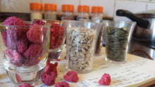 Small glasses containing ingredients that make up TentMeals Super seed and red berry breakfasts (Freeze-dried raspberries, strawberry pieces, sunflower seeds), sit on top of a notebook detailing recipe development.