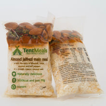 Two packs of TentMeals Almond jalfrezi 500kcal main meal, showing the front and back labels.