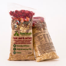 Two packs of TentMeals Super seed and red berry 800kcal breakfast, showing the front and back labels.