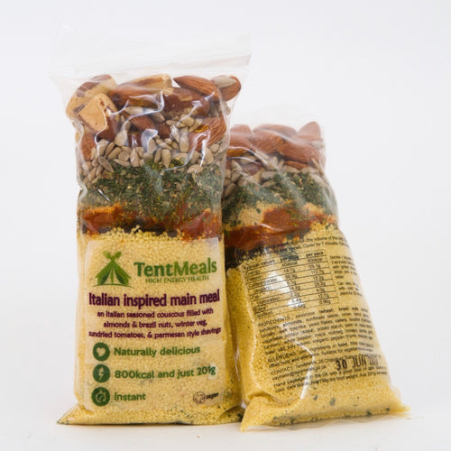 Two packs of TentMeals Italian inspired 800kcal main meal, showing the front and back labels.