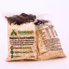 Two packs of TentMeals Blueberry burst 500kcal breakfast, showing the front and back labels.