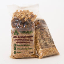 Two packs of TentMeals Subtly cinnamon 800kcal breakfast, showing the front and back labels.